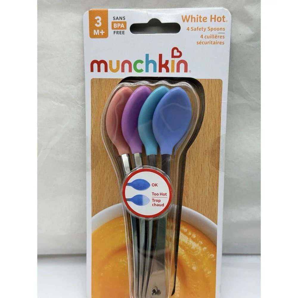 NEW Munchkin White Hot 4 Safety Spoons, BPA-Free, and 3 Silicone Bibs